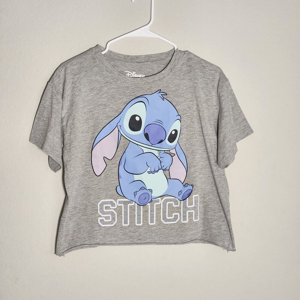 Disney Stitch Graphic Crop Tee Womens M Gray Short Sleeve Lilo Shirt Top
